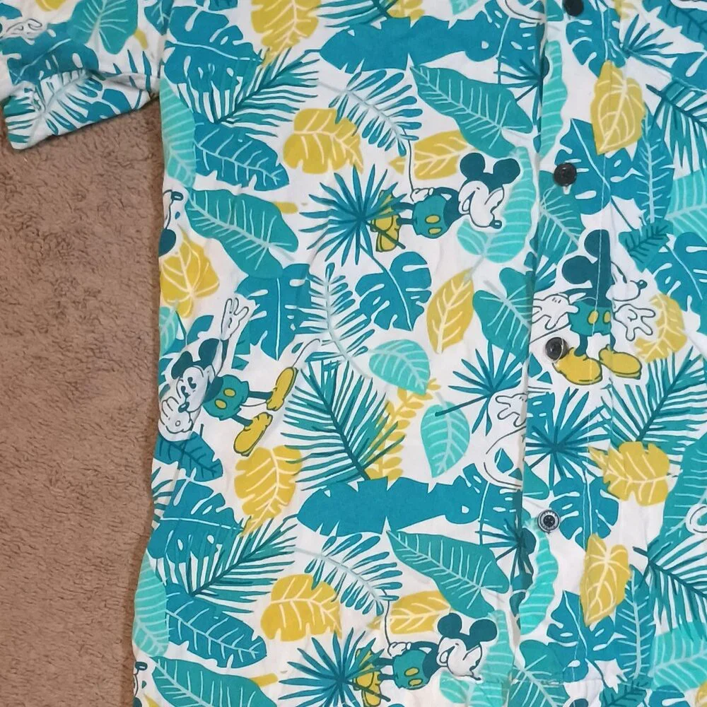 Disney/Mickey Mouse Hawaiian Shirt/Men M/Teal White Yellow/Tropical Vacation Alo - Picture 6 of 8
